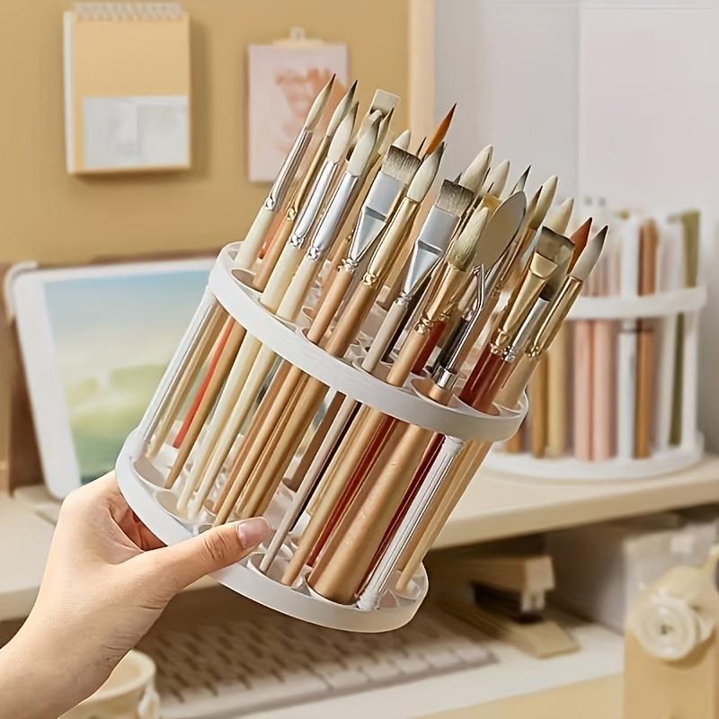 360° Rotating Brush Holder - Sleek White Plastic Organizer for Art Brushes, Space-Saving Desktop Accessory with Glazed Finish