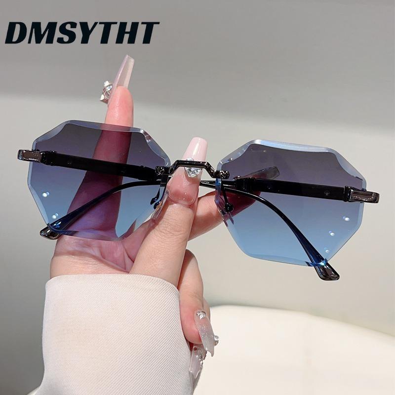 Non-polarized Europe and America Polygon Diamond Edge Trimming Rimless Sunglasses Men Women Fashion Ocean Slicemetal Frame Glasses
