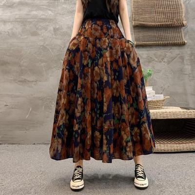Jupe midi élégante pour femme en coton et lin à imprimé floral avec taille haute élastique pour le printemps et l'automne