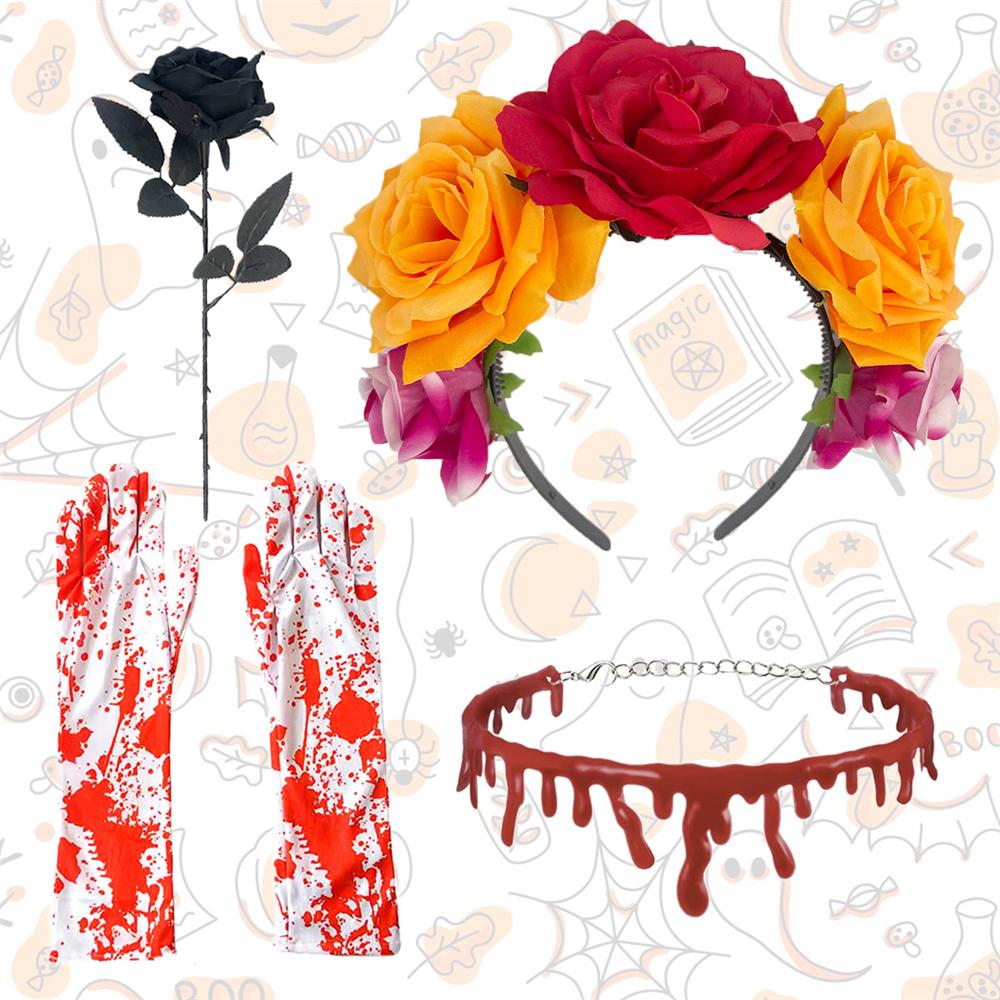 4-Piece Set Halloween Party Costume Rose Flower Headband Novelty Horror Necklace Gloves  for Women