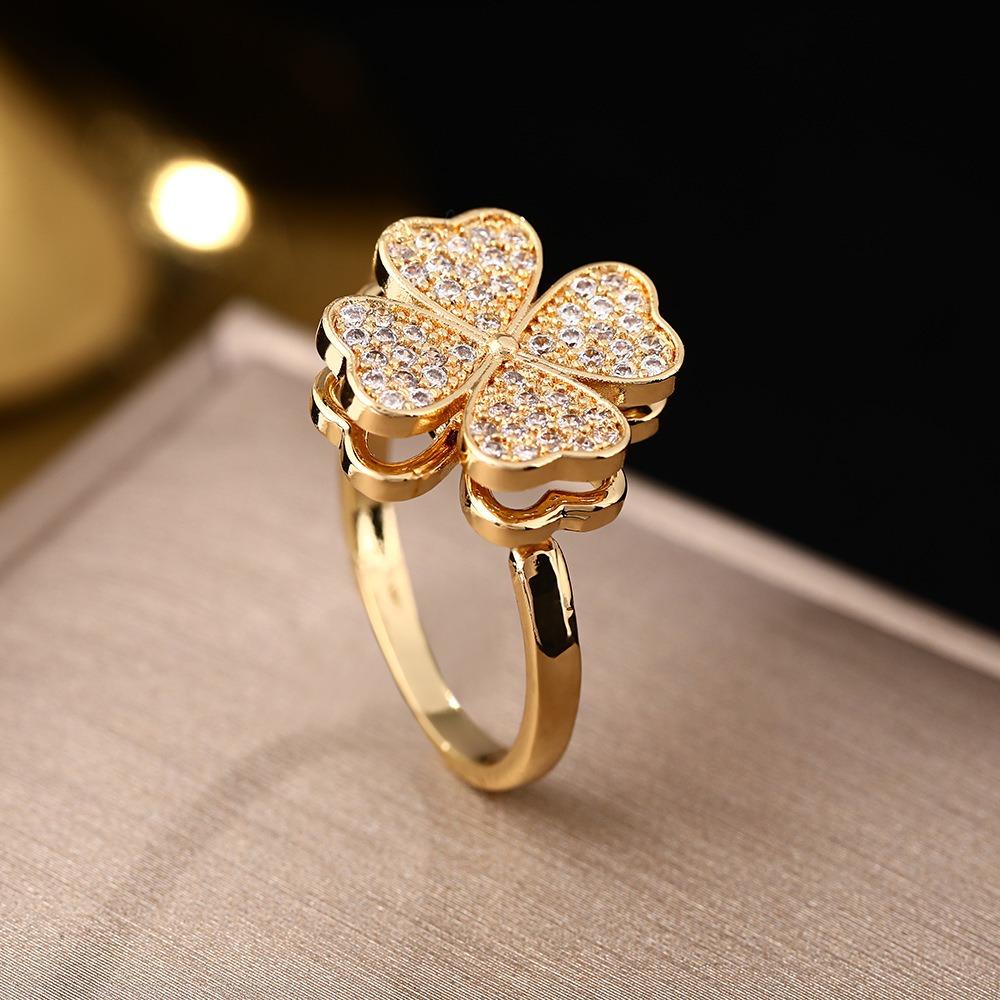 Exquisite Shining Full of Zircon Four-leaf Flower Rotatable Stainless Steel Adjustable Opening Rings for Women Designer Jewelry