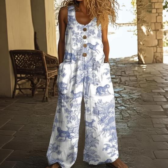 Women's Floral Printed Wide Leg Jumpsuit Sleeveless Button Front Romper Summer Casual Loose Overall with Pockets