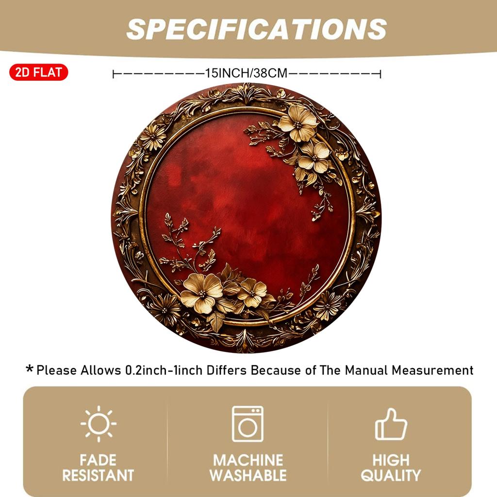 4/6pcs, Red Round Placemats, Placemats Decorated with Golden Floral And Vine Patterns, Suitable for Daily Dining, Family Gatherings And Restaurants, 2