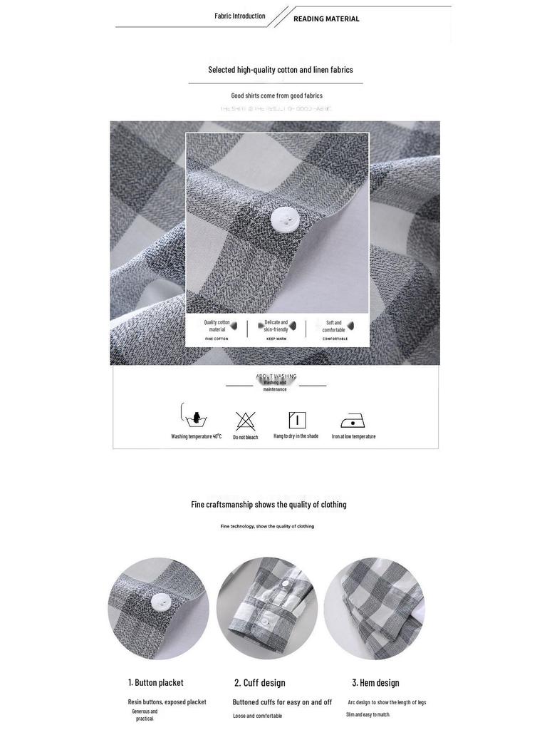 913 S/S Fresh Plaid Long Sleeve Shirt - Men's Casual Loose Fit Square Collar