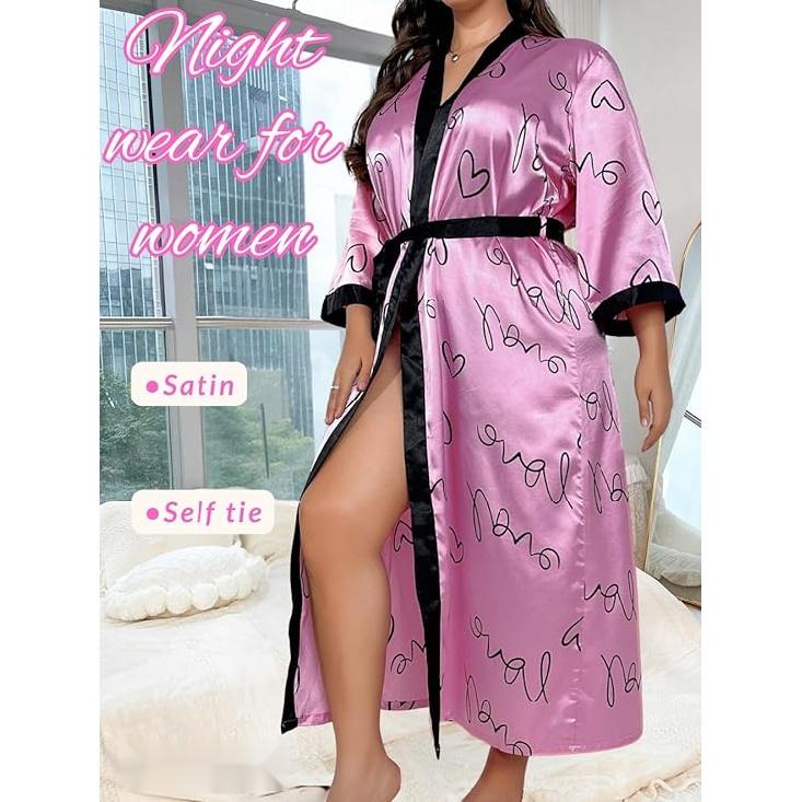 Women's Plus Size Valentines Robe, Sexy Satin Robe Long Sleepwear