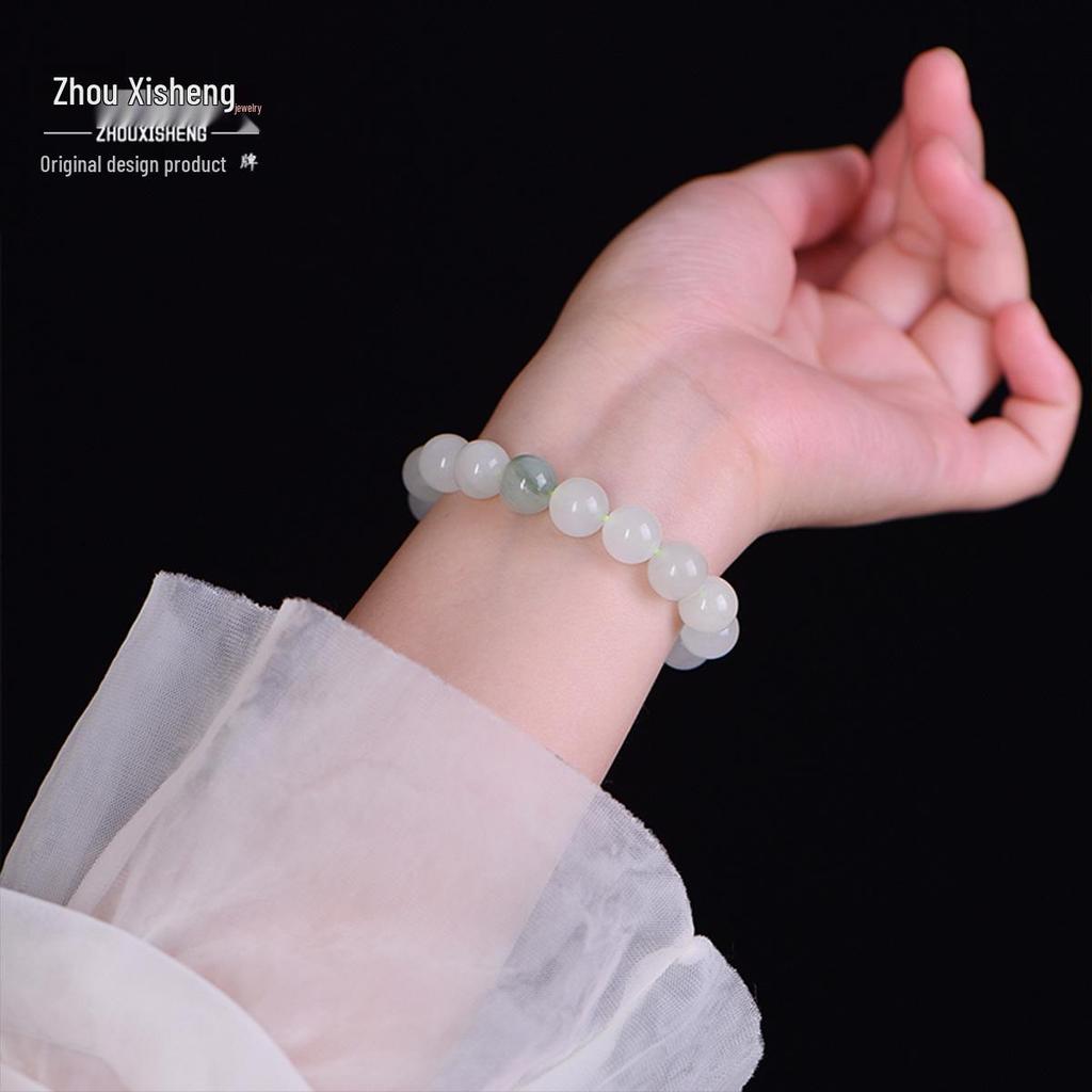 Women's Natural Tianshan, Hetian, and Xinjiang Golden Silk Jadeite Bracelet with White Chalcedony Beads