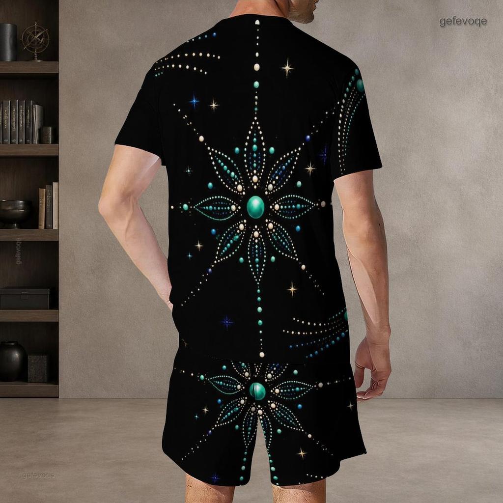 Men s Plus Size Round Neck Short Sleeve Printed Top And Drawstring Shorts With Pockets Two Piece Set Black Blue Green