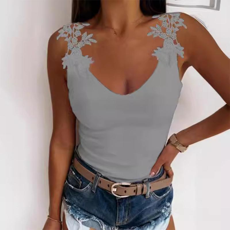 Lace Printed Monochromatic T-shirt for Women U-neck Sexy Suspender Vest Trendy Party Top Casual Lady Summer