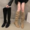 Fashion Pleated Temperament Versatile Suede High-heeled Boots Autumn and Winter New Square-toe Square-heel Sleeve Long Boots