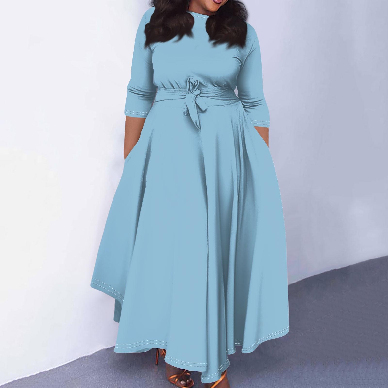 

Женское повседневное модное однотонное свободное платье большого размера с круглым вырезом и рукавами три четверти на карманных бретелях XXXL синий