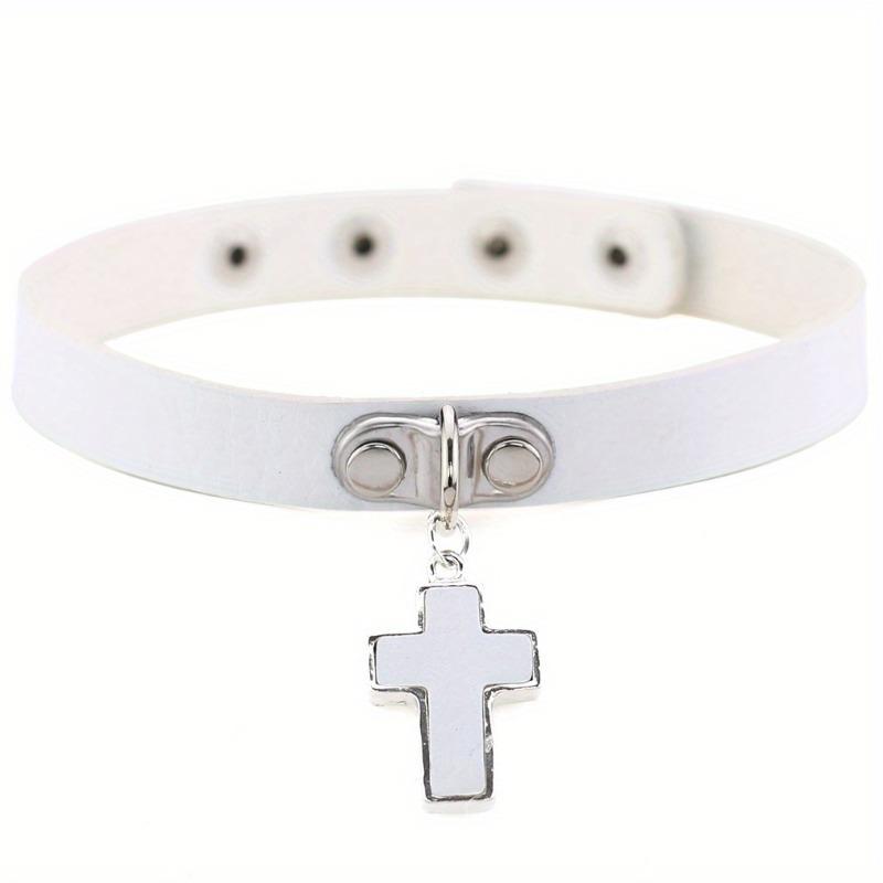 PU Leather Black Cross Gothic Choker Necklace Women Punk Rock Goth Chocker Bondage Necklaces Collar for Women Fashion Jewelry белый