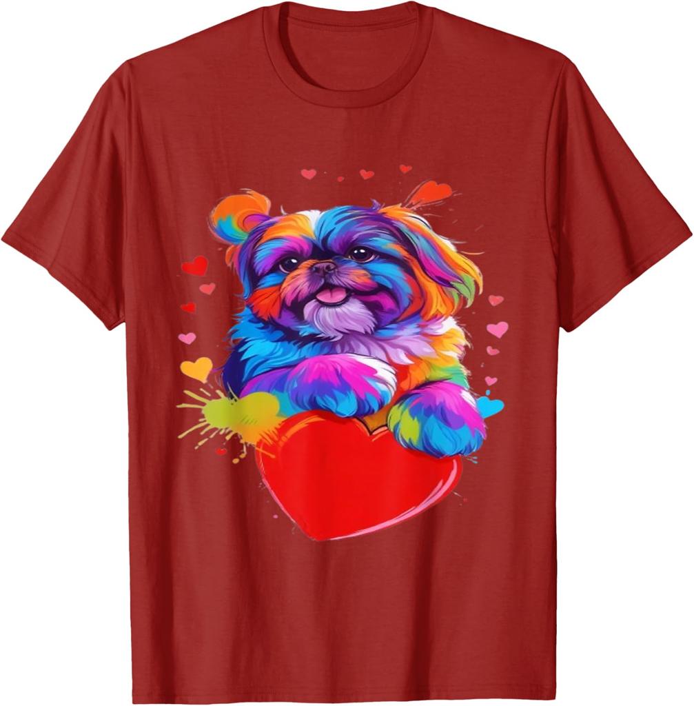 Colorful Shih Tzu Heart Graphic T-Shirt Cute Dog Lover Casual Short Sleeve Tee
