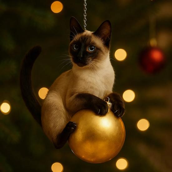 Cat Christmas Ornament Cute Kitten Christmas Ball Ornament 2D Flat Hanging Charm for Car Rearview Mirror