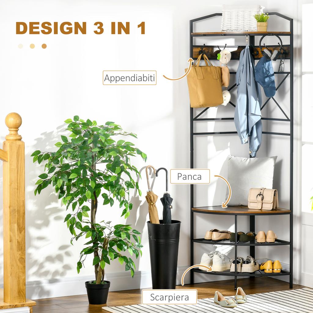 Corner Floor Coat Rack with Bench and Shoe Rack In Industrial Style, 50x50x183cm, Brown
