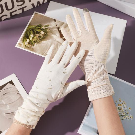 1 Pair Floral Print Anti-slip Palm Driving Gloves Full Finger Lace Stitching Wrist Extended Girls Outdoor Riding Sunscreen Mittens Cycling Accessories