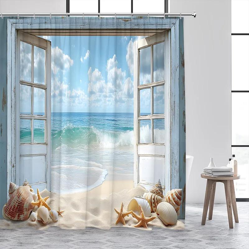 Blue Ocean Lighthouse Shower Curtains Vintage Boat Seagull Sea Waves Watercolour Art Modern Bathroom Curtain Decor With Hooks