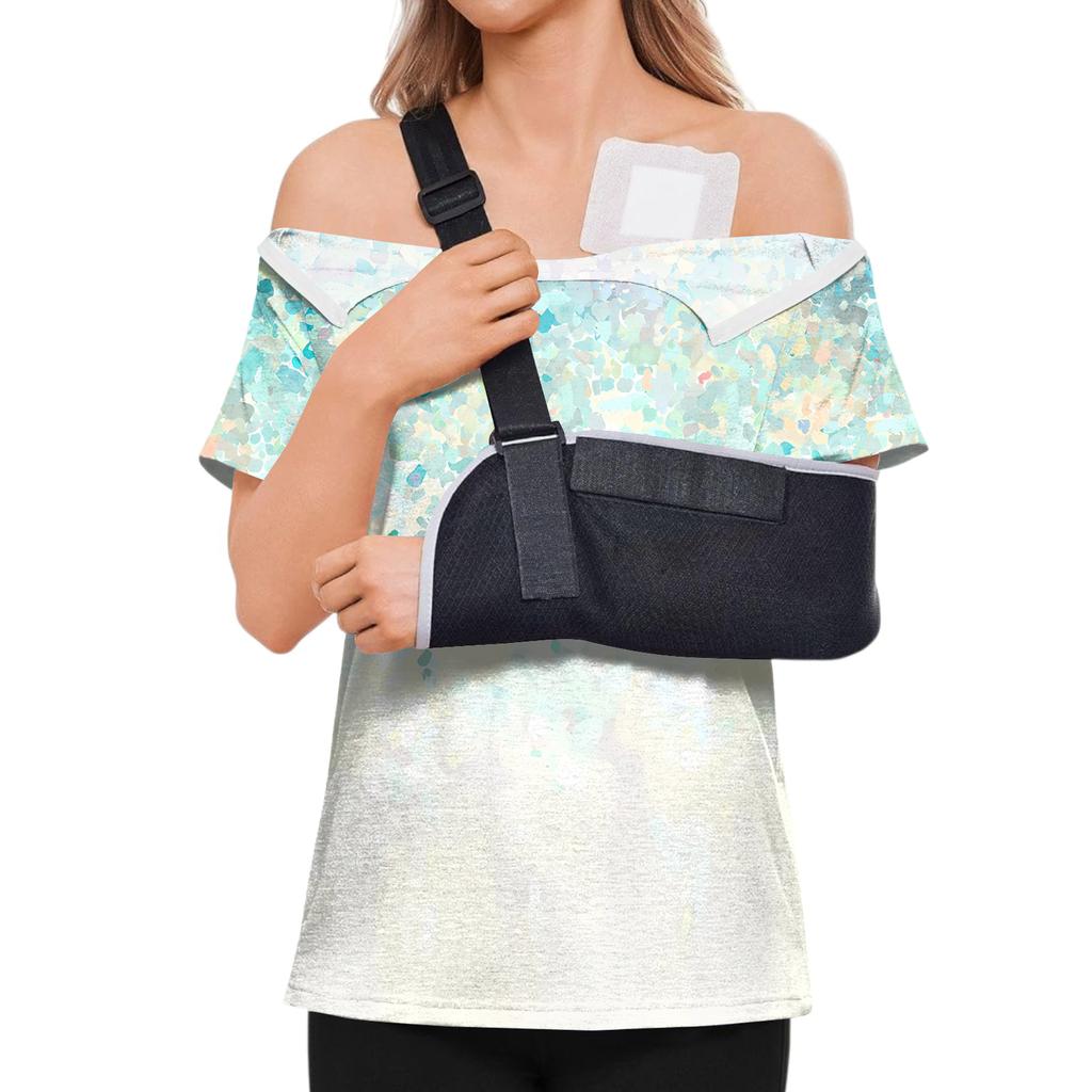 Post Surgery Women Short Sleeve Shirt Floral Print Zipper Shoulder Side Velcro Closure Comfortable Recovery Top for Medical Use