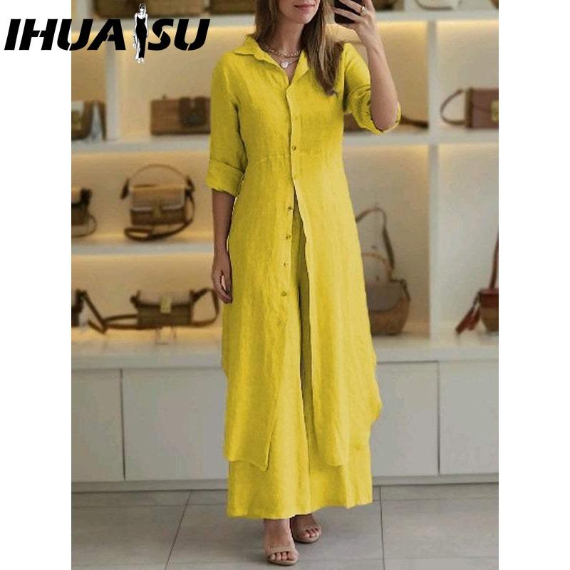 

IHUASU Women s Summer, Spring and Autumn Elegant Cotton and Linen Slim Waisted Long-sleeved Wide-legged Trousers Suit XXXXXL жовтий