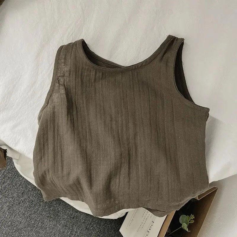 Letní dětská tílka pro miminka chlapce i dívky Vintage ležérní vesta pro batolata Jednobarevné lněné dětské oblečení