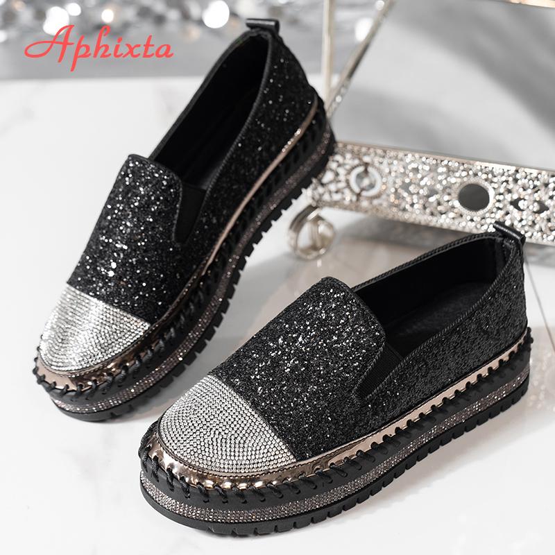 Fashion Aphixta Luxury Crystals Flats Women Slip On Red Pink Khaki Women Sexy Platform Casual Women Shoes Flats Female Rhinestone Loafer
