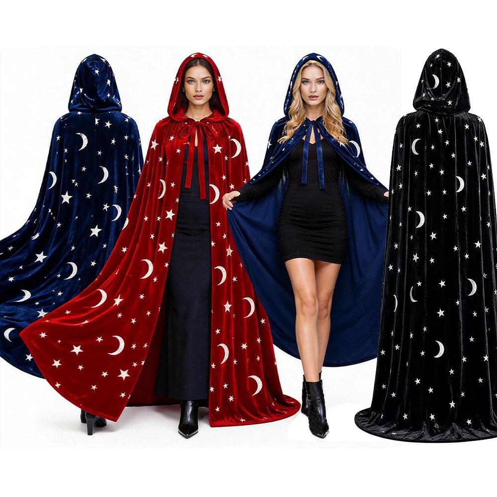 Halloweenový čarodějnický plášť s kapucí, sametový dlouhý plášť s potiskem hvězd a měsíce, renesanční středověký maškarní kostým, dámské oblečení