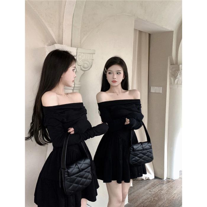French Temperament One-word Collar A-word Short Skirt Long-sleeved Dress Women's Summer Dress Sweet Spice Girl Slim Waist Small Black Dress