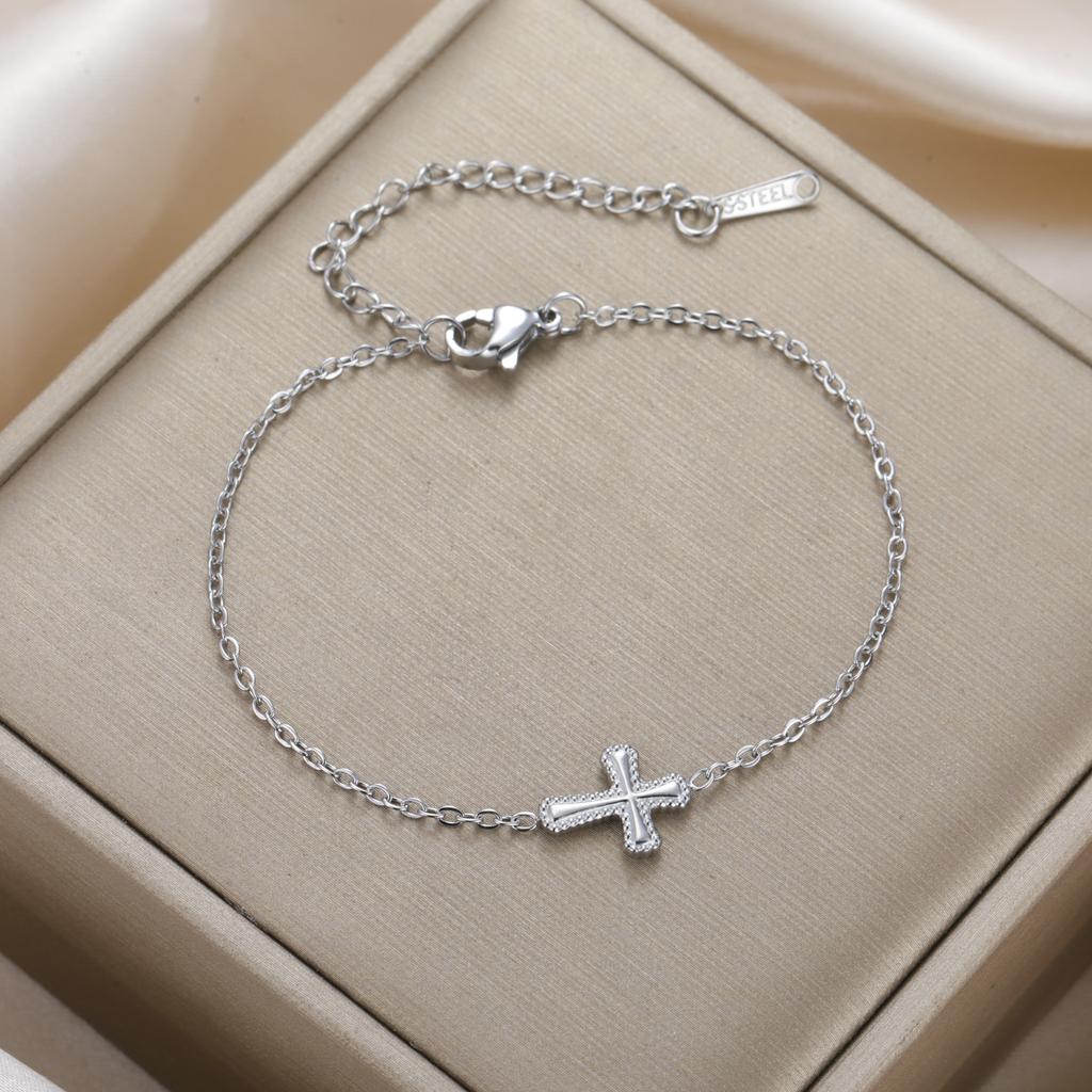 Teamer Embossed Cross Pendant Bracelet Stainless Steel Gold Color For Women Girls Fashion Romantic Vintage Jewelry Gift