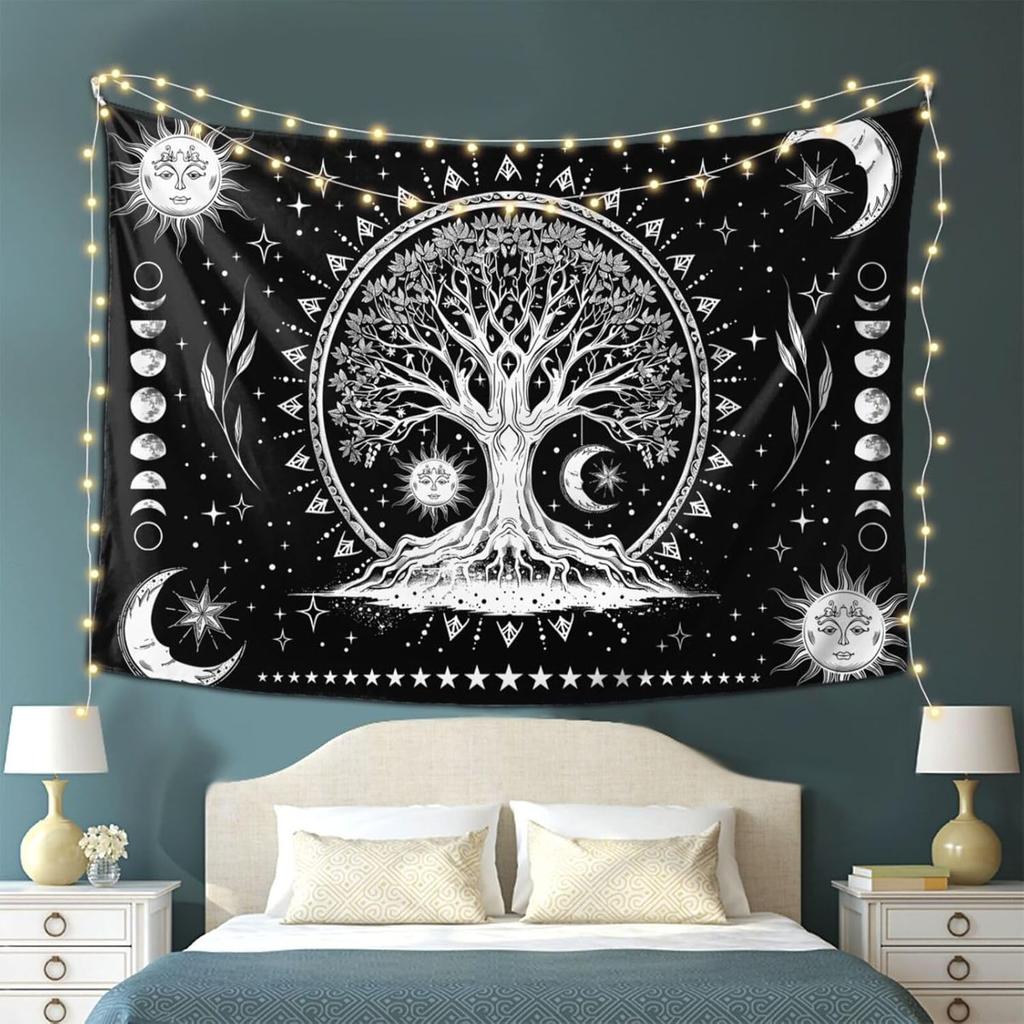 Tree Of Life Tapestry Wall Hanging, Sun And Moon Aesthetic Phase Galaxy Star Black And White Tapestries Nature Aesthetic Home