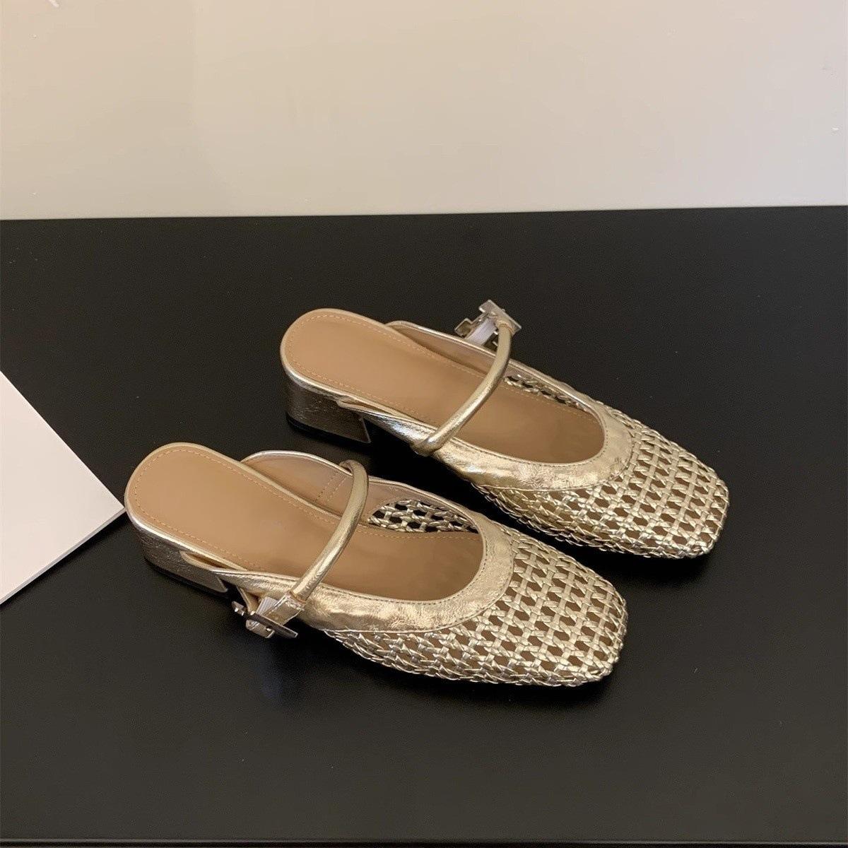 

French hand-woven hollowed-out thick-heeled slippers Baotou half slippers children wear summer new Mary Jane sandals 35 золотой