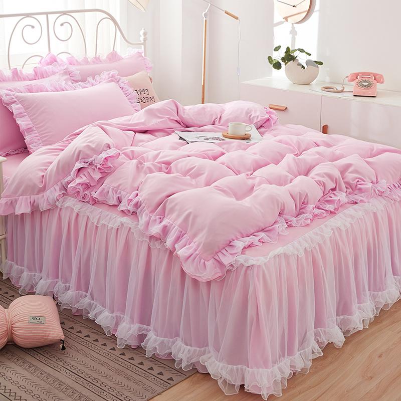 Princess Girl Pink Bedding Skirt Sheet With Lace Korean Solid Color Bed Cover Pillowcase Decor Bedroom Wedding Couple Bedclothes