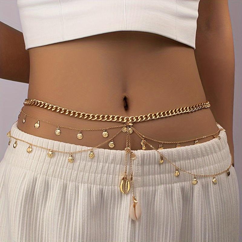 A Layered Waist Chain Featuring a Metal Shell Pendant, Designed for Stacking, Perfect for Summer Holidays with a Fresh Ocean Vibe, Ideal for Women. золотистый