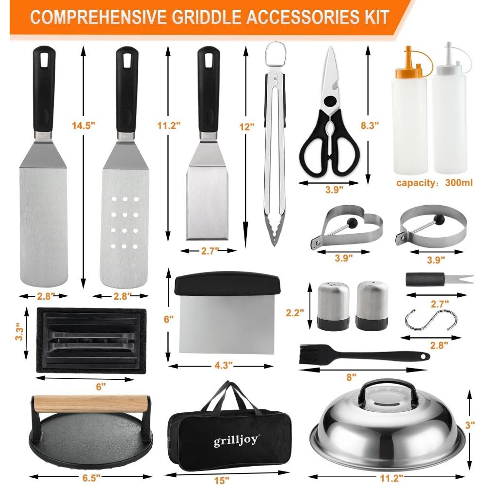 grilljoy Professional Griddle Accessories Kit Set with Smash Burger Press - Extra Thick Grill Spatula, Turner, Flipper - 38PCS F