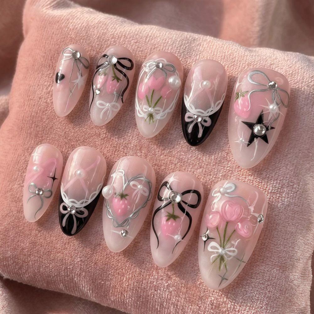 30 Tablets/Box Almond-shaped Press-on Nails Bow Design Artificial Nail Tips Women and Girls