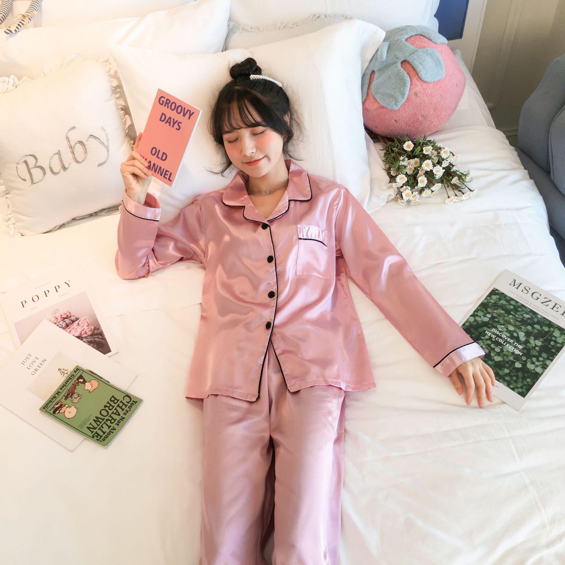 

Женский пижамный комплект из искусственного шелка с длинными рукавами и отворотом, размер плюс 2XL розовый