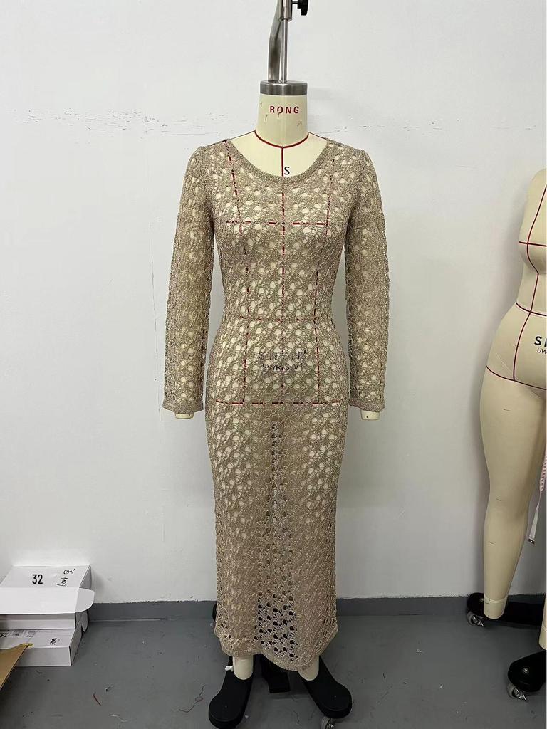 2024 Women's European & American Knitted Beach Dress: Hollow Out, Solid Color, Sexy Backless, Tie-Up, Long Sleeve Maxi Dress & Bikini Cover-Up