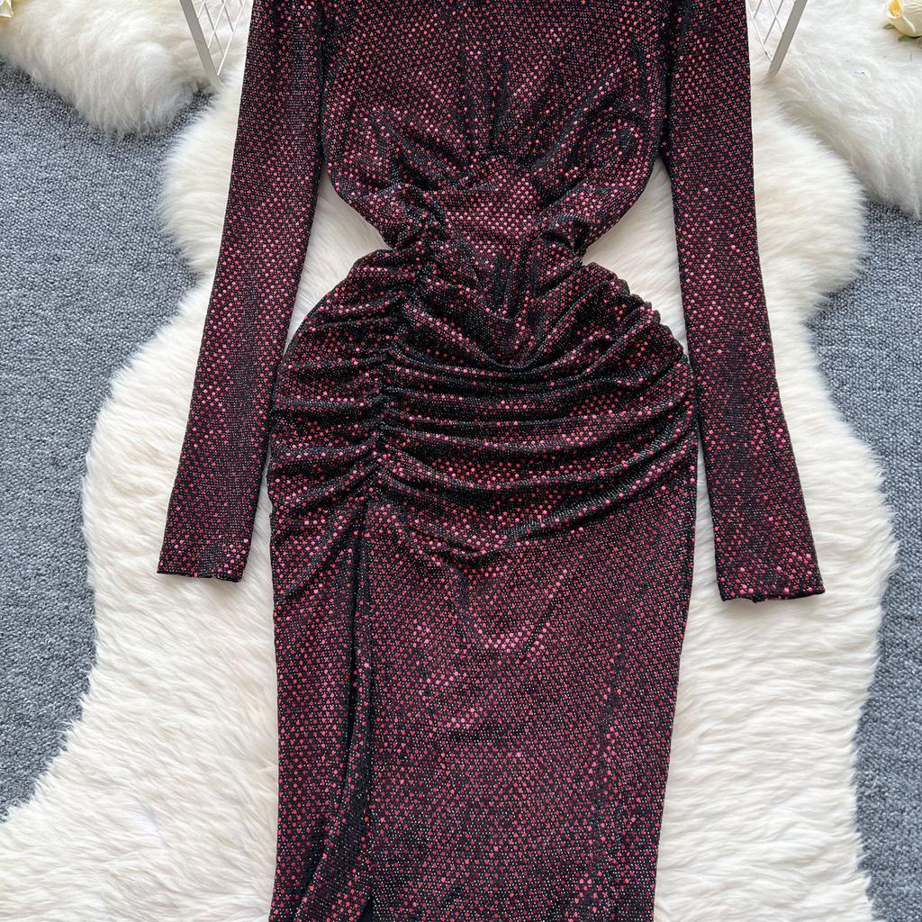 Women's Sequins Glitter Dress Autumn Pleated Waist Slim Split Package Hip Dress