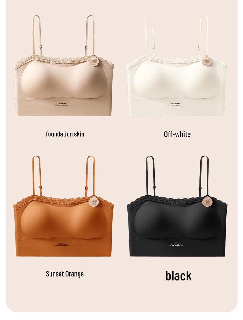 Summer Seamless Lace Trim Push-Up Bandeau Bra – Wire-Free, Strappy, Anti-Exposure, Sweet Beautiful Back Design.