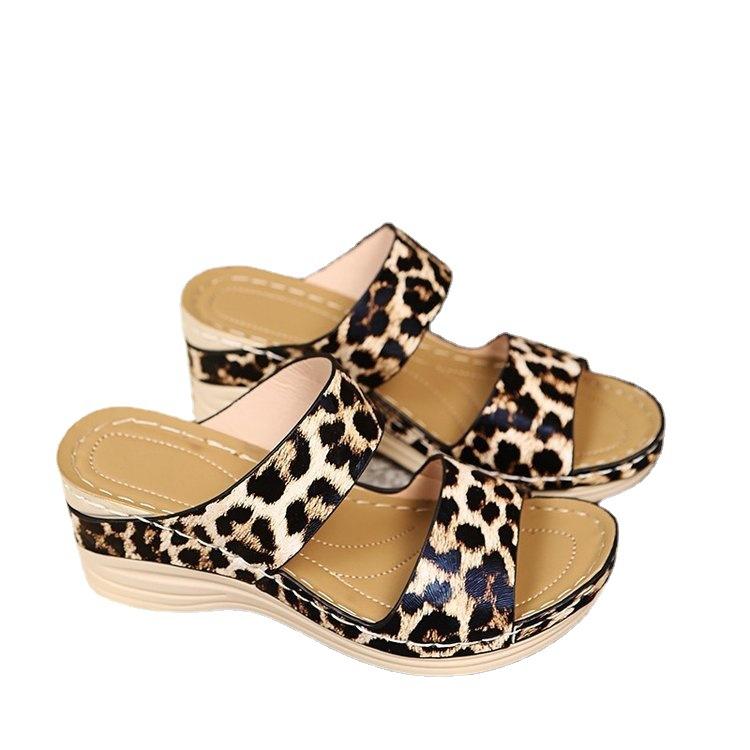 Foreign Trade Large Size Women's Shoes Retro Beach Wedge Sandals Summer Sandals Leopard Print Platform Fish Mouth Slippers Spot
