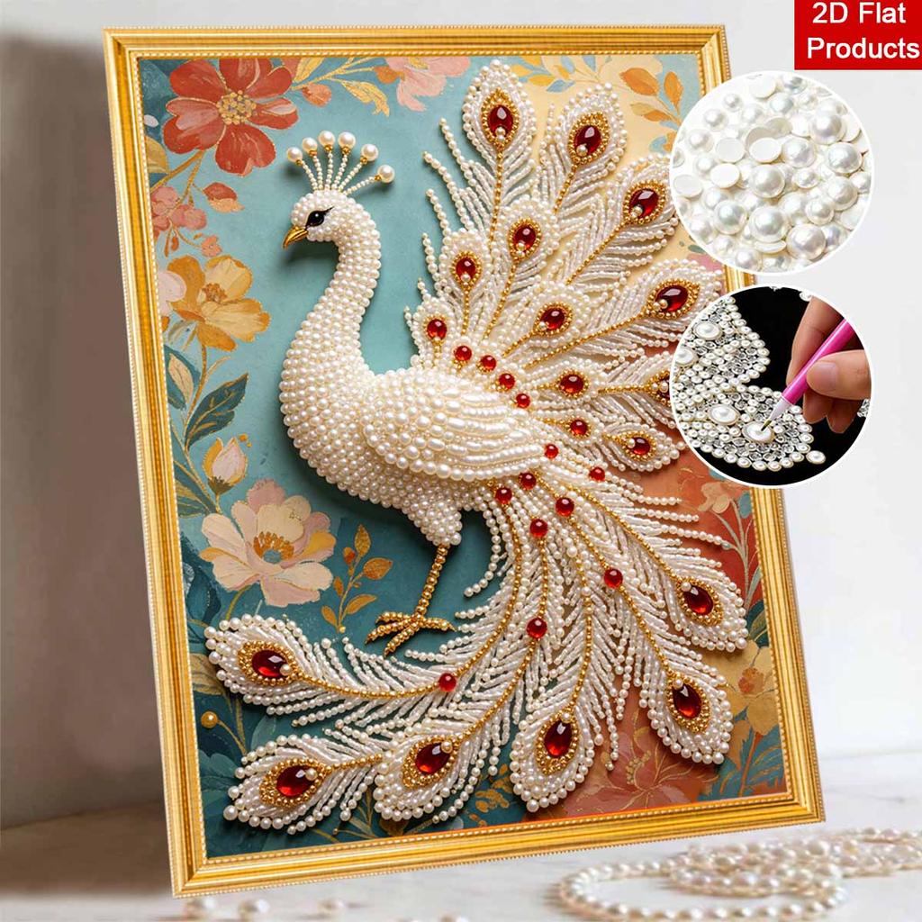 DIY Pearl Peacock 5D Rhinestone Art Kit for Adults Round Half Pearls Wall Decoration Handmade Craft Gift Frameless