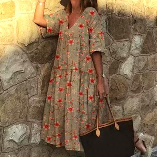 Ashley Woman Boho Women V Neck Half Sleeve Floral Print Large Hem Beach Party Midi Dress
