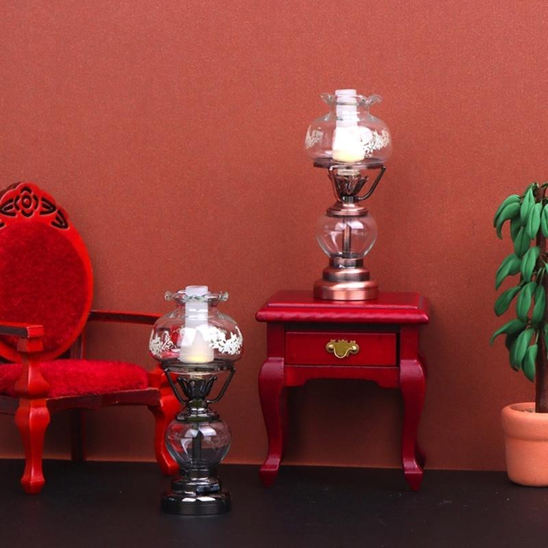 Kerosene Bedroom Table Lamp Miniature Furniture Model Doll Houses Accessory Realistic Lighting Toy Playset 1:12
