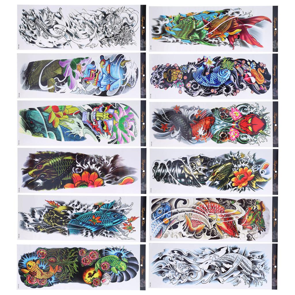 12pcs Fake Tattoo Sticker Temporary Waterproof Sweatproof Unisex Full Arm Tattoos Stickers