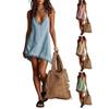 Women Short Dress Summer Fringed Deep V Neck Sleeveless Slip Dress Casual Loose Boho Beach Spaghetti Strap Above Knee Mini Dress
