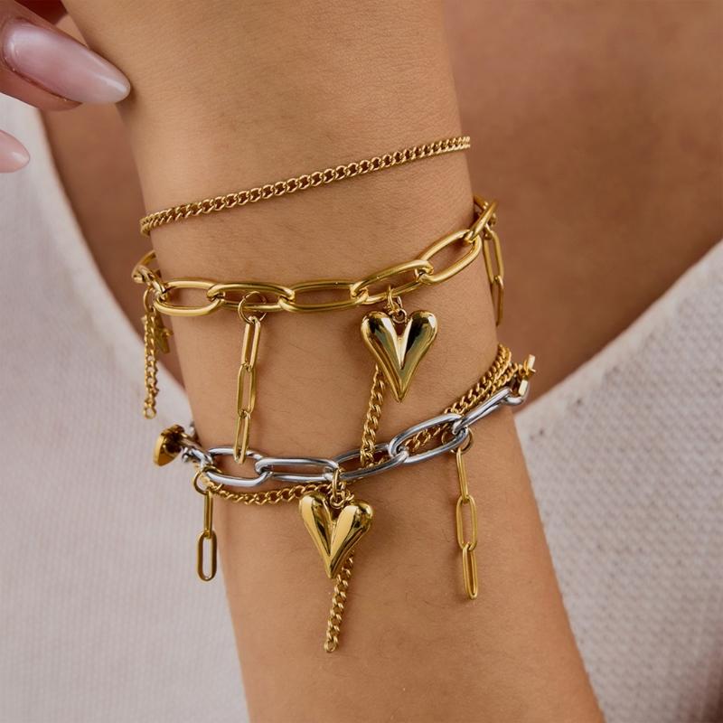 Elegant Stainless Steel Layering Heart Charm Adjustable Wrist Chain Bracelet For Everyday Wear Casual Formal Outfit