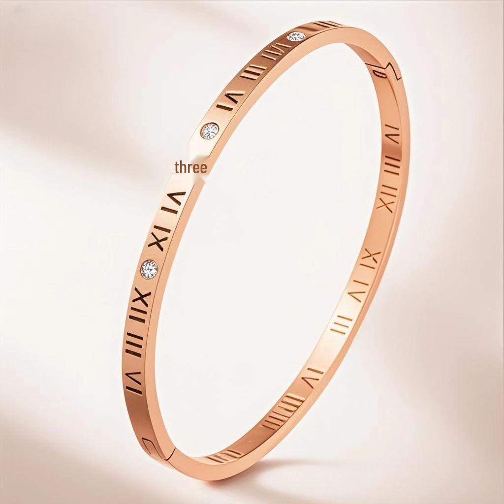 Elegant Roman Numeral Intertwined Titanium Steel Bracelet for Women - Diamond Inlaid, Double Layer, Colorfast Jewelry