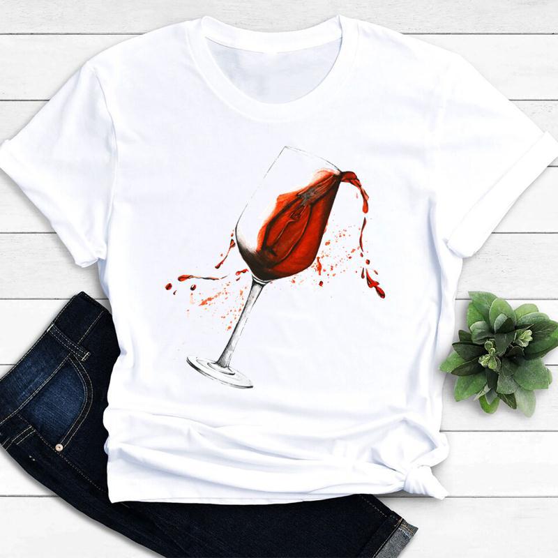 Womens Vintage Tee Color Wine Glass Print a Generation Hair Base Shirt Trend Aesthetic Graphic T Shirts Casual Tops