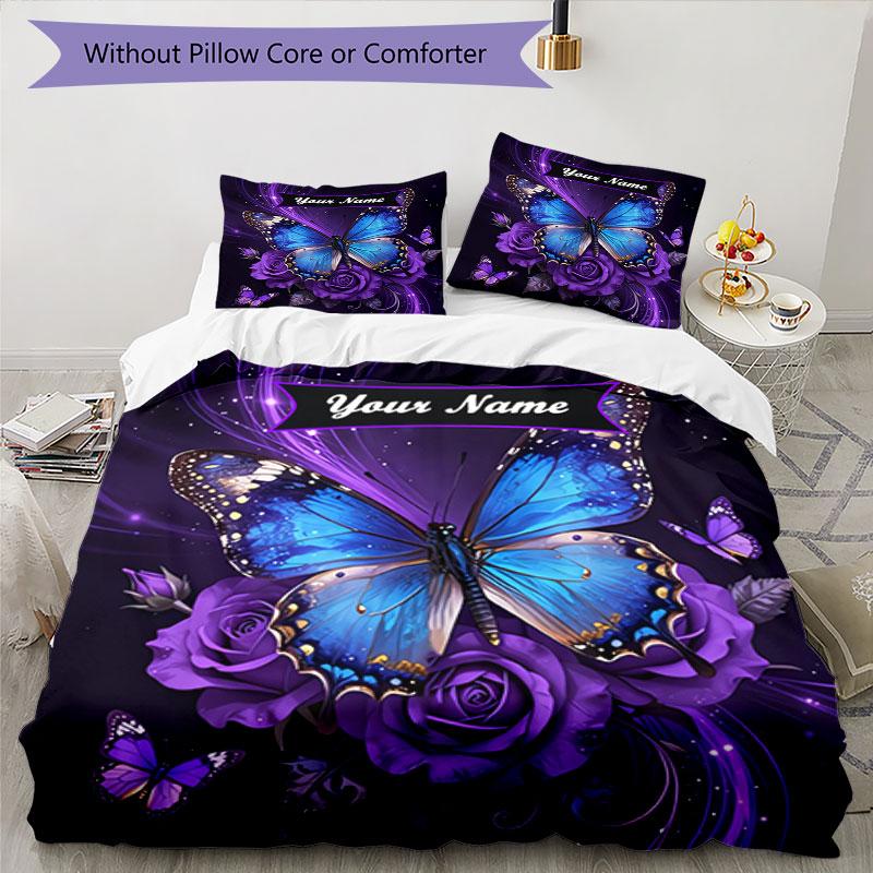 3PC Custom Name Butterfly Roses Bedding Set Duvet Cover Closure Includes 1 Duvet Cover & 2 Pillowcases for Bedroom