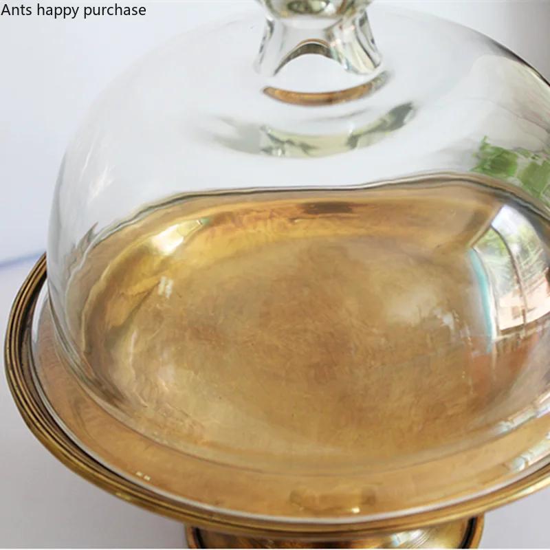 Brass Cake Pan Tall Cake Stand Glass Cover Dim Sum Plate Dessert Plate Fruit Dish Snack Tray Refreshment Tray Display Stand