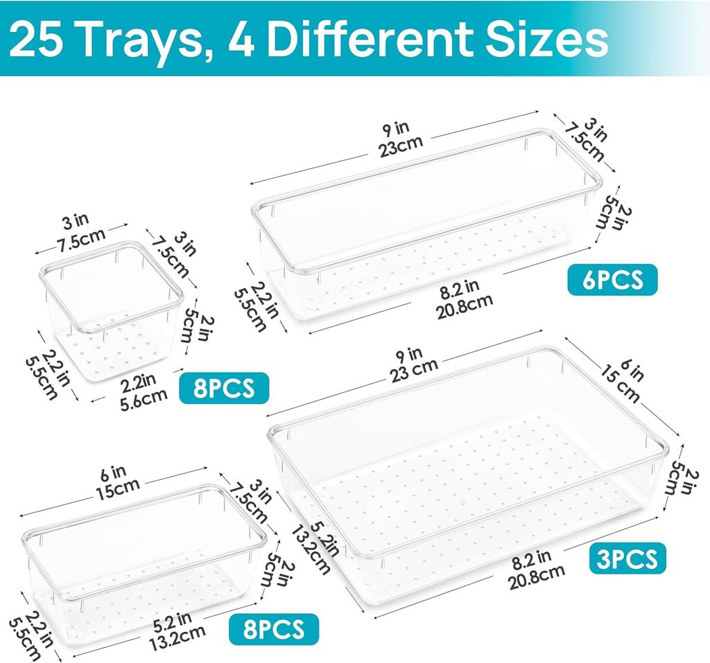 25 PCS Clear Plastic Drawer Organizer Set, 4 Sizes Desk Drawer Storage Bins for Makeup, Jewelry, Gadgets for Kitchen, Bedroom, Bathroom, Office