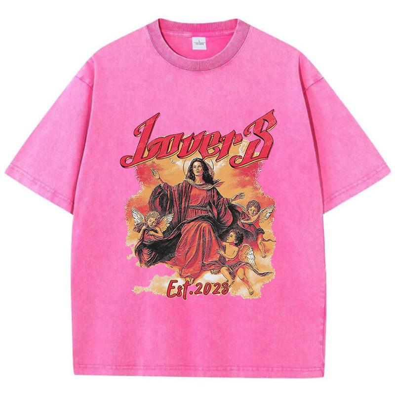 Street Women Washed T-Shirts Virgin Mary Lovesprinted Tee Shirts Comfortable Crewneck Cotton Oversize Tees Summer Clothes